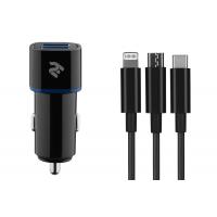 Зарядное устройство 2E Car 2хUSB 2.4A + кабель 3в1 Lightning/microUSB/Type-C), blac (2E-ACR01-C3IN1) Diawest