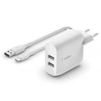 Зарядний пристрій Belkin Home Charger (24W) DUAL USB 2.4A, USB-C 1m, white (WCE002VF1MWH) Diawest