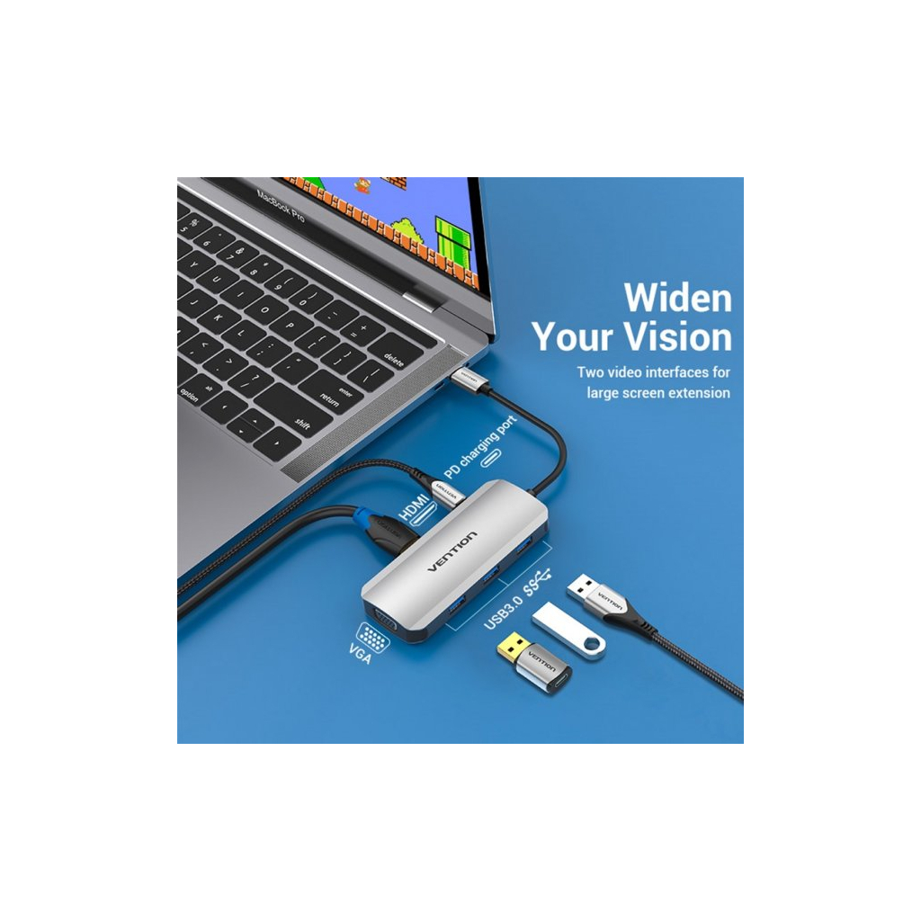 Концентратор Vention USB3.1 Type-C --> HDMI/VGA/USB 3.0x3/PD 100W Hub 6-in-1 (TOIHB) Diawest