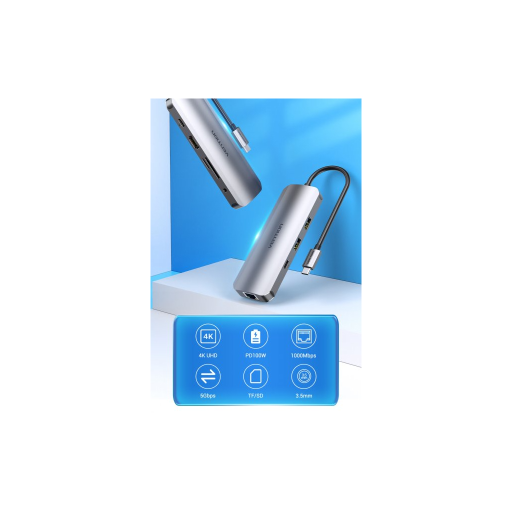 Концентратор Vention USB3.1 Type-C --> HDMI/USB 3.0x2/RJ45/USB-C/SD/TF/TRRS 3.5mm (TOMHB) Diawest