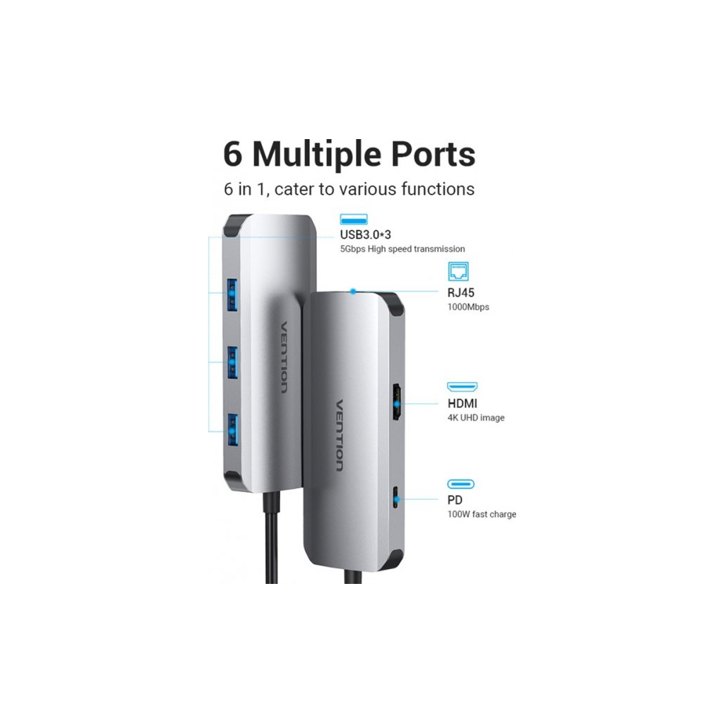 Концентратор Vention USB3.1 Type-C --> HDMI/USB 3.0x3/RJ45/PD 100W Hub 6-in-1 (TOHHB) Diawest