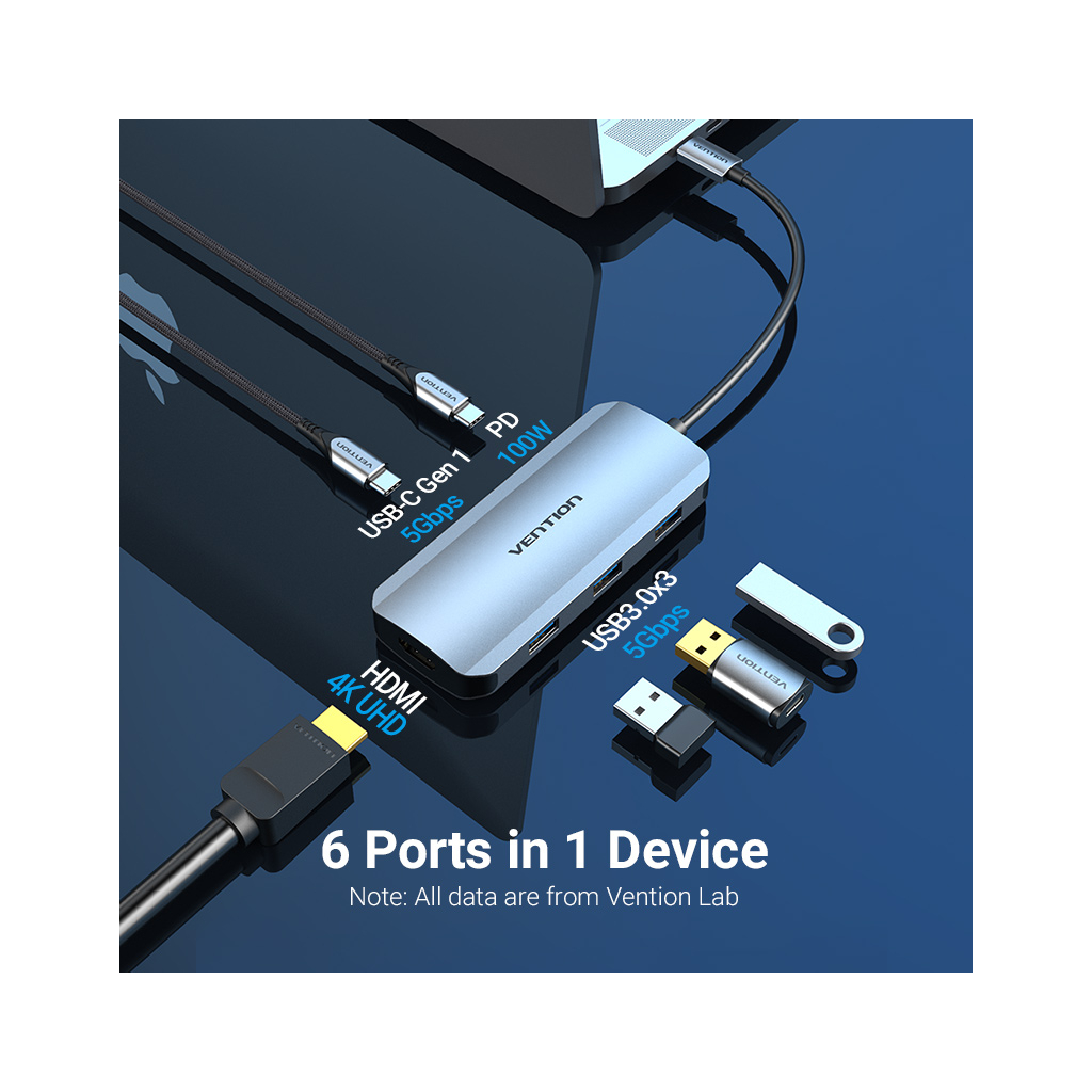 Концентратор Vention USB3.1 Type-C --> HDMI/USB-C Gen 1/USB 3.0x3/PD 100W Hub 6-i (TOFHB) Diawest