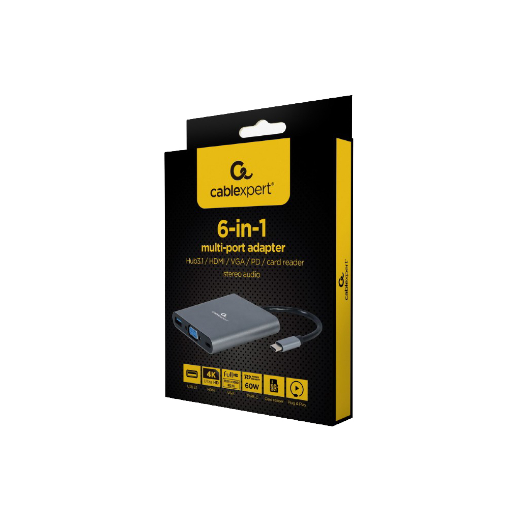 Концентратор Cablexpert USB-C 6-in-1 (Hub3.1/HDMI/VGA/PD/card-reader/audio) (A-CM-COMBO6-01) Diawest