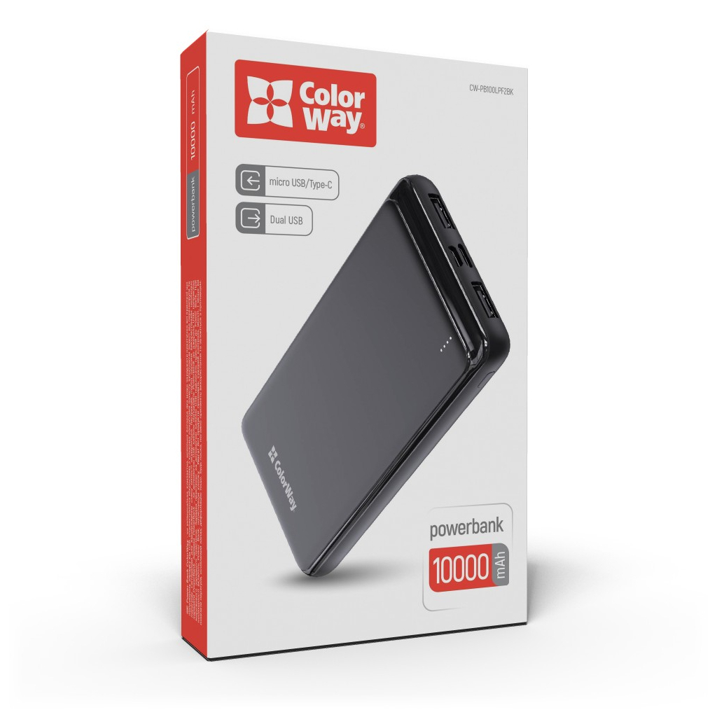 Батарея универсальная ColorWay 10 000 mAh Slim, Black (CW-PB100LPF2BK) Diawest