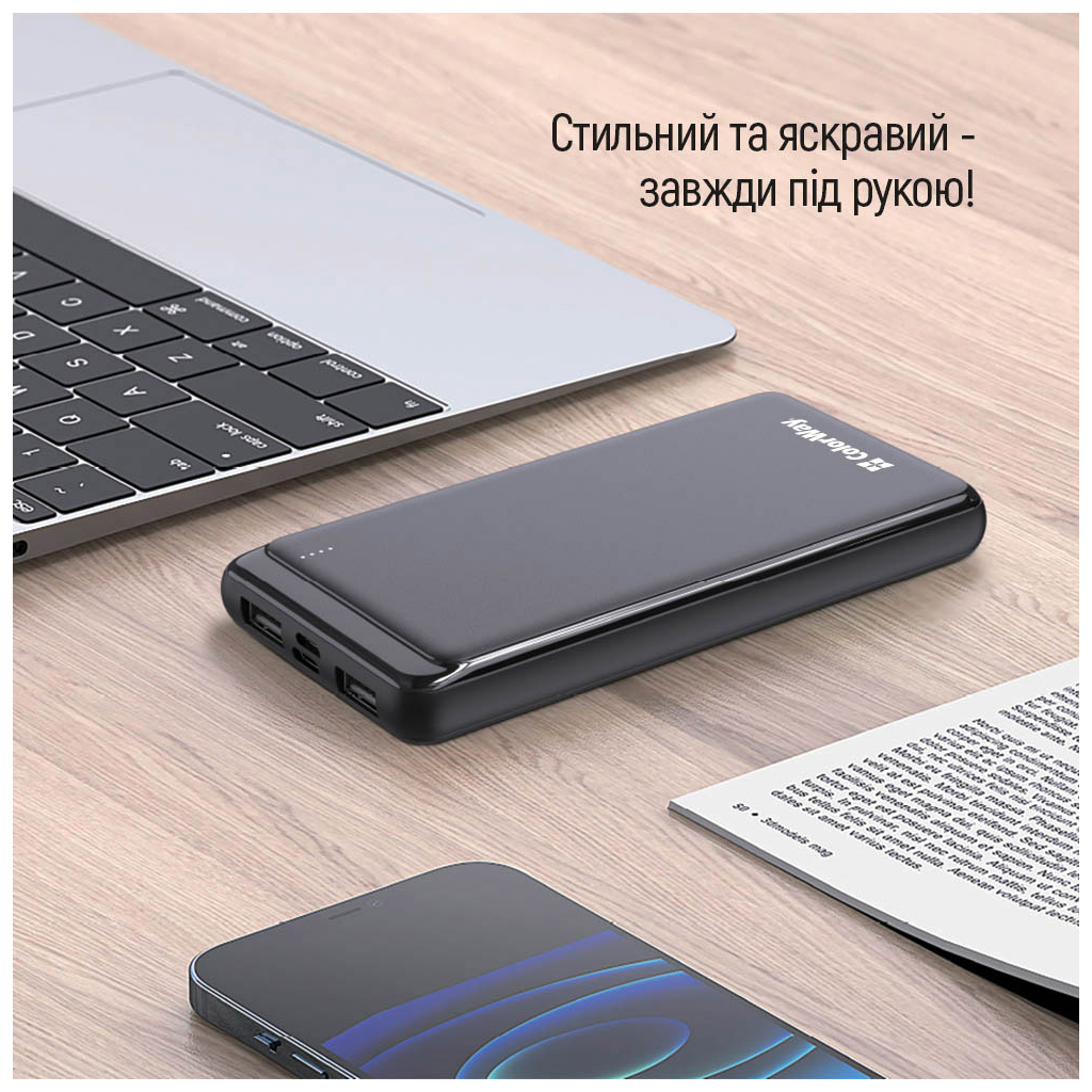 Батарея универсальная ColorWay 10 000 mAh Slim, Black (CW-PB100LPF2BK) Diawest