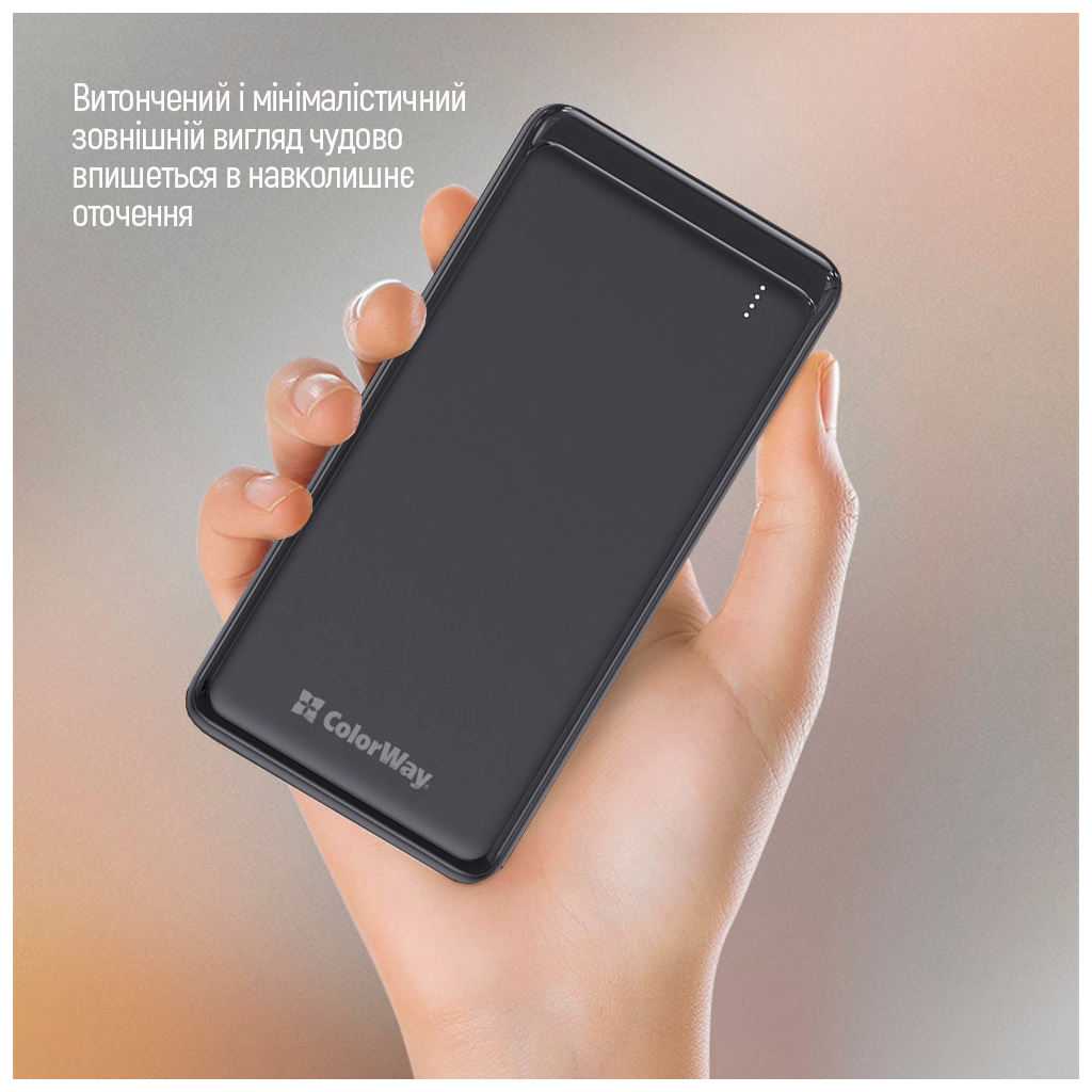 Батарея универсальная ColorWay 10 000 mAh Slim, Black (CW-PB100LPF2BK) Diawest