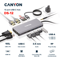 Порт-реплікатор Canyon DS-12, 13 in 1 USB-C hub, 2*HDMI, Gigabit Ethernet, VGA, 3*USB3.0, PD/100W, 3.5mm audio jack (CNS-TDS12) Diawest