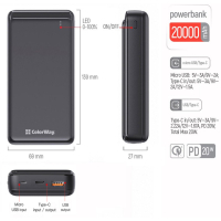 Батарея универсальная ColorWay 20 000 mAh Slim PD/20W, QC/3.0 USB-C/Micro-USB/USB-A Black (CW-PB200LPG3BK-PD) Diawest