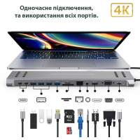Порт-реплікатор XoKo 14-in-1 Dock USB-C (HDMI/VGA/USB3.0/.../USB-C PD/RJ45/..) (XK-AC1400-SL) Diawest