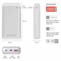 Батарея універсальна ColorWay 20 000 mAh Slim PD/20W, QC/3.0 USB-C/Micro-USB/USB-A White (CW-PB200LPG3WT-PD) Diawest