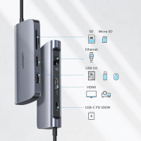 Концентратор Ugreen USB3.0 Type-C to USB 3.0x2/HDMI/RJ45/SD/TF/PD CM212 gray (50852) Diawest