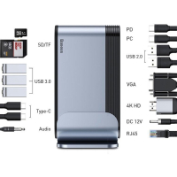 Концентратор Baseus USB3.2 Type-C to 1xHDMI/VGA/4xUSB-C/5xUSB/RJ45/SD/TRRS 3.5mm/PD 100W + PA 16 in 1 (CAHUB-BG0G) Diawest
