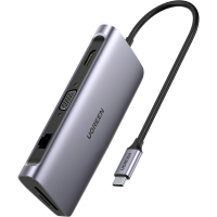Концентратор Ugreen USB3.0 Type-C to USB 3.0x3/HDMI/VGA/RJ45/SDTF/PD CM179 gray (40873) Diawest
