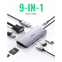 Концентратор Ugreen USB3.0 Type-C to USB 3.0x3/HDMI/VGA/RJ45/SDTF/PD CM179 gray (40873) Diawest