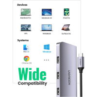 Концентратор Ugreen USB3.0 Type-C to USB 3.0x3/HDMI/VGA/RJ45/SDTF/PD CM179 gray (40873) Diawest