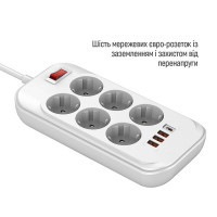 Мережевий фільтр живлення ColorWay CW-CHE64PDW, 6 розеток/4USB 2M (CW-CHE64PDW) Diawest