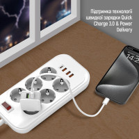 Мережевий фільтр живлення ColorWay CW-CHE64PDW, 6 розеток/4USB 2M (CW-CHE64PDW) Diawest