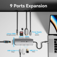 Концентратор Vention USB 3.1 Type-C to HDMI 4K60Hz/USB 3.0x2/RJ45/SD/TF/3.5mm/PD 100W Hub 9-in-1 (TQMHB) Diawest
