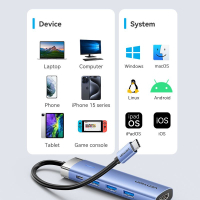 Концентратор Vention USB 3.1 Type-C to HDMI/USB 3.0x3/PD 100W Blue Aluminum Alloy Hub 5-in-1 (TGESB) Diawest