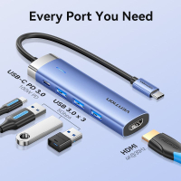 Концентратор Vention USB 3.1 Type-C to HDMI/USB 3.0x3/PD 100W Blue Aluminum Alloy Hub 5-in-1 (TGESB) Diawest
