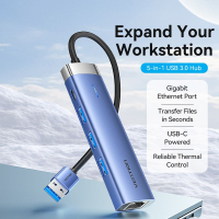 Концентратор Vention USB 3.0 to USB 3.0x3/RJ45/Type-C Hub Blue Aluminum Alloy 5-in-1 (TGFSB) Diawest