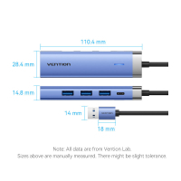 Концентратор Vention USB 3.0 to USB 3.0x3/RJ45/Type-C Hub Blue Aluminum Alloy 5-in-1 (TGFSB) Diawest