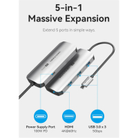 Концентратор Vention USB 3.1 Type-C to HDMI 4K60Hz/USB 3.0x3/PD 100W 5-in-1 (TQDHB) Diawest