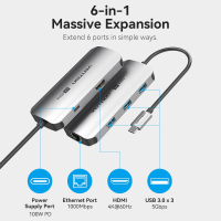 Концентратор Vention USB 3.1 Type-C to HDMI 4K60Hz/USB 3.0x3/RJ45/PD 100W 6-in-1 (TQHHB) Diawest