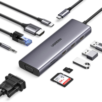 Концентратор Ugreen USB3.1 Type-C to HDMI/VGA/USB 3.0х3/RJ45/SD/TF/PD/35мм TRRS 100W 10-in-1 (15601) Diawest