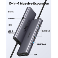 Концентратор Ugreen USB3.1 Type-C to HDMI/VGA/USB 3.0х3/RJ45/SD/TF/PD/35мм TRRS 100W 10-in-1 (15601) Diawest