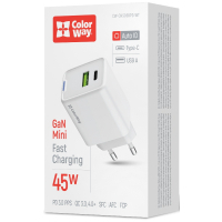 Зарядний пристрій ColorWay C101E GaN Mini 45W PD PPS USB-C + USB-A QC4.0 white (CW-CHS060PD-WT) Diawest