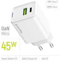 Зарядний пристрій ColorWay C101E GaN Mini 45W PD PPS USB-C + USB-A QC4.0 white (CW-CHS060PD-WT) Diawest