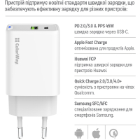 Зарядний пристрій ColorWay C101E GaN Mini 45W PD PPS USB-C + USB-A QC4.0 white (CW-CHS060PD-WT) Diawest