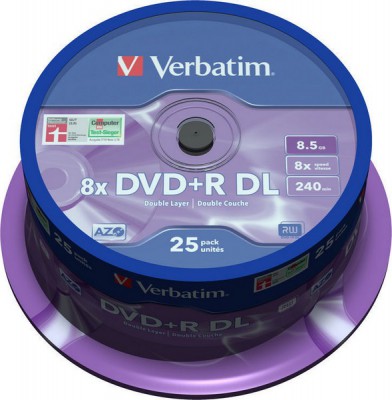 Диск Verbatim 8.5Gb 8x CakeBox 25шт Matt Silver (DVD+R DL 8,5GB 8x Spindle Packaging 25шт (43757)) Diawest